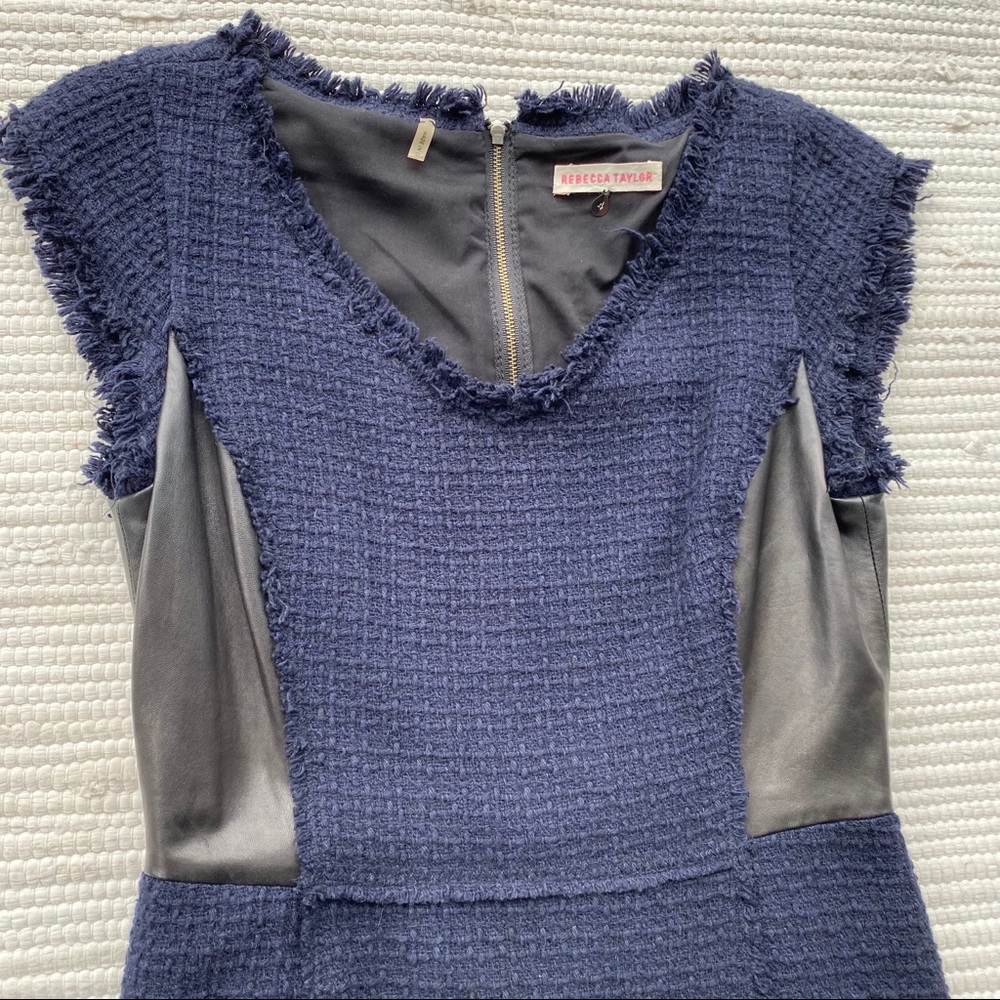 Rebecca Taylor Navy Blue Fringed Tweed Black Leather Panel Sheath Dress Size 4 - Picture 4 of 11